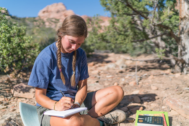 girl writing journal camping