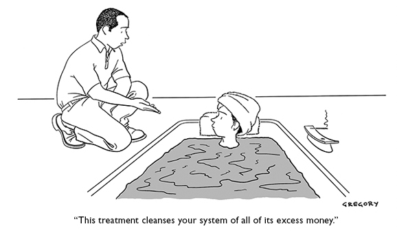 spa cartoon says 'this treatment cleanses your system of all its excess money