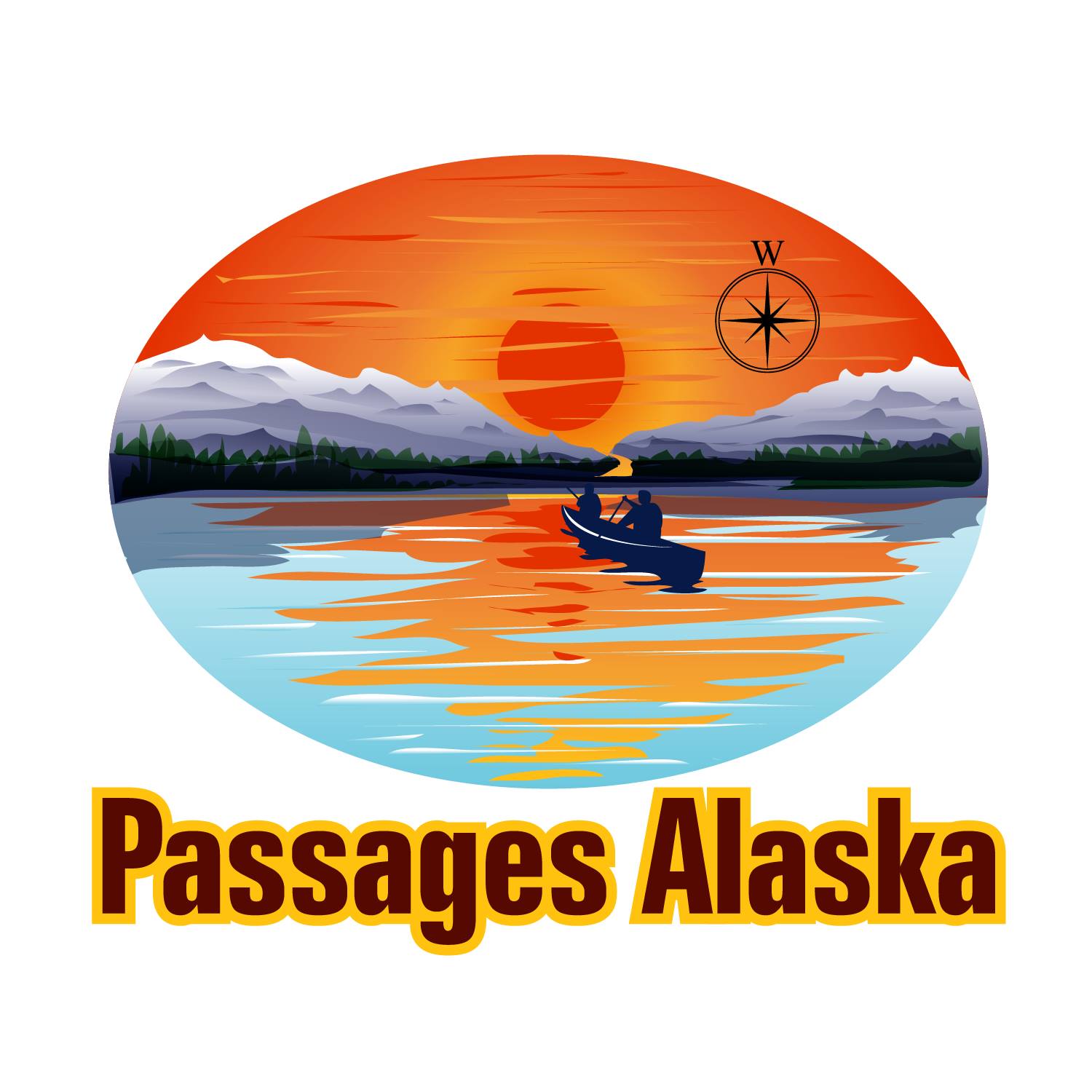 Passages Alaska Logo, vibrant sunset.