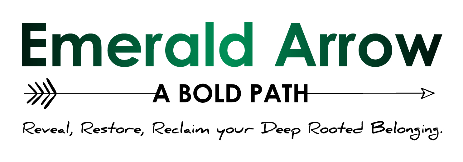 Emerald Arrow, a bold path logo, with reveal, restore, reclaim your deep rooted belonging is written as the tagline.