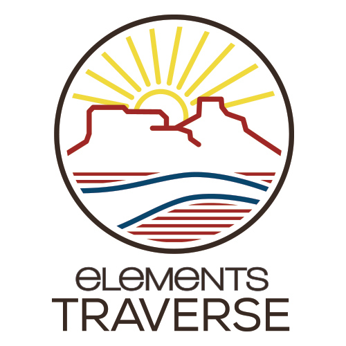 Elements Traverse logo that has a sun and Utah mountains with a river running through it.