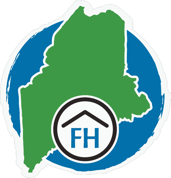 logo, Foundation House with FH & the state of Maine in green with blue around it.