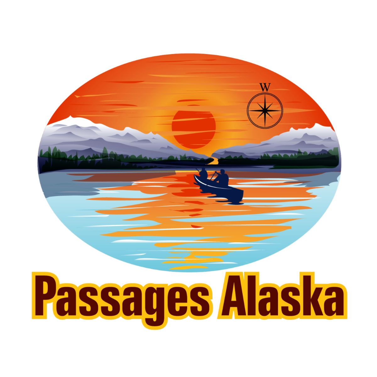 logo for Passages Alaska with a vivid sunset canoe & compass rose