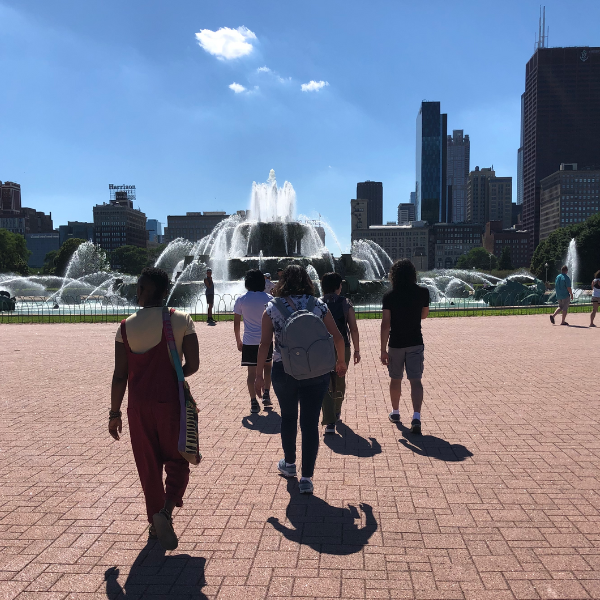 photo of students walking towards fountain in Chicago